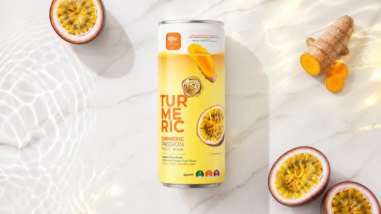 RITA Less Sugar Turmeric Passion Fruit Drink 250ml Slim Can Poster 2