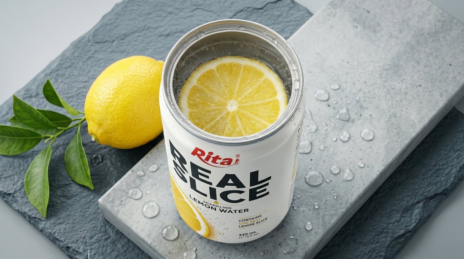 Real Lemon Slice Inside Sparkling Water 325ml Slim Cans– Refreshing Beverage Poster 1